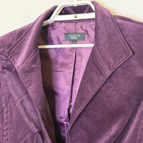 Talbots Velvet Blazer Jacket Size 14 Purple 1 Button Long Sleeve Lined Pockets - Picture 2 of 8